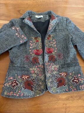 Embroidered Herringbone Blazer in Blue with Floral Detail